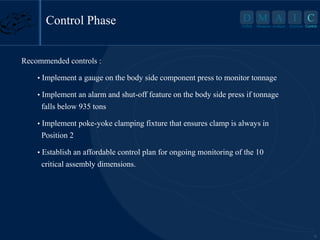 18
D M A I C
Define Measure Analyze Improve Control
Control Phase C
Control
Recommended controls :
• Implement a gauge on the body side component press to monitor tonnage
• Implement an alarm and shut-off feature on the body side press if tonnage
falls below 935 tons
• Implement poke-yoke clamping fixture that ensures clamp is always in
Position 2
• Establish an affordable control plan for ongoing monitoring of the 10
critical assembly dimensions.
 