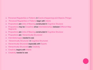 Perceived Regularities or Patterns in Events (Happening) andObjects (Things)  Perceived Regularities or Patterns begin with InfantsPropositionsare Units of Meaningconstructed inCognitiveStructurePropositionsmaybeCrosslinks show InterrelationshipsbetweenDifferentMapSegmentsPropositionsareUnits of Meaningconstructed inCognitiveStructurePropositionsare Hierarchically Structured Interrelationsgipsneeded to see Hierarchically Structured  in Cognitive StructuredHierarchically Structured especially with Experts Hierarchically Structured aids CreativityCreativity begins with Infants Creativity needed to see