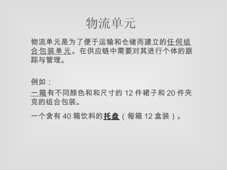 物流单元是为了便于运输和仓储而建立的 任何组合包装单元 。在供应链中需要对其进行个体的跟踪与管理。 例如： 一箱 有不同颜色和和尺寸的 12 件裙子和 20 件夹克的组合包装。 一个含有 40 箱饮料的 托盘 （每箱 12 盒装）。   物流单元 