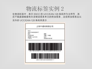 物流标签实例 2 在物流标签中，表示 SSCC 的 UCC/EAN-128 条码作为主符号，其后不能直接链接有关该物流信息单元的附加信息，这些附加信息应以另外的 UCC/EAN-128 条码来表示   