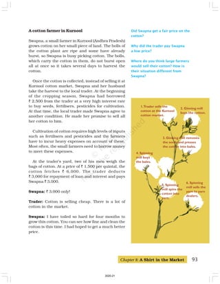 Did Swapna get a fair price on the
cotton?
Why did the trader pay Swapna
a low price?
Where do you think large farmers
would sell their cotton? How is
their situation different from
Swapna?
A cotton farmer in Kurnool
Swapna, a small farmer in Kurnool (Andhra Pradesh)
grows cotton on her small piece of land. The bolls of
the cotton plant are ripe and some have already
burst, so Swapna is busy picking cotton. The bolls,
which carry the cotton in them, do not burst open
all at once so it takes several days to harvest the
cotton.
Once the cotton is collected, instead of selling it at
Kurnool cotton market, Swapna and her husband
take the harvest to the local trader. At the beginning
of the cropping season, Swapna had borrowed
` 2,500 from the trader at a very high interest rate
to buy seeds, fertilisers, pesticides for cultivation.
At that time, the local trader made Swapna agree to
another condition. He made her promise to sell all
her cotton to him.
Cultivation of cotton requires high levels of inputs
such as fertilisers and pesticides and the farmers
have to incur heavy expenses on account of these.
Most often, the small farmers need to borrow money
to meet these expenses.
At the trader’s yard, two of his men weigh the
bags of cotton. At a price of ` 1,500 per quintal, the
cotton fetches ` 6,000. The trader deducts
` 3,000 for repayment of loan and interest and pays
Swapna ` 3,000.
Swapna: ` 3,000 only!
Trader: Cotton is selling cheap. There is a lot of
cotton in the market.
Swapna: I have toiled so hard for four months to
grow this cotton. You can see how fine and clean the
cotton is this time. I had hoped to get a much better
price.
2. Ginning mill
buys the cotton.
1.Trader sells the
cotton at the Kurnool
cotton market.
3. Ginning mill removes
the seeds and presses
the cotton into bales.
4. Spinning
mill buys
the bales.
6. Spinning
mill sells the
yarn to yarn
dealers.
5. Spinning
mill spins the
cotton into
yarn.
Chapter 8: A Shirt in the Market 93
2020-21
 