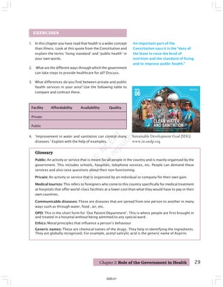 29
Chapter 2: Role of the Government in Health
1. In this chapter you have read that health is a wider concept
than illness. Look at this quote from the Constitution and
explain the terms ‘living standard’ and ‘public health’ in
your own words.
2. What are the different ways through which the government
can take steps to provide healthcare for all? Discuss.
3. What differences do you find between private and public
health services in your area? Use the following table to
compare and contrast these.
EXERCISES
An important part of the
Constitution says it is the “duty of
the State to raise the level of
nutrition and the standard of living
and to improve public health.”
4. ‘Improvement in water and sanitation can control many
diseases.’ Explain with the help of examples.
Glossary
Public: An activity or service that is meant for all people in the country and is mainly organised by the
government. This includes schools, hospitals, telephone services, etc. People can demand these
services and also raise questions about their non-functioning.
Private: An activity or service that is organised by an individual or company for their own gain.
Medical tourists: This refers to foreigners who come to this country specifically for medical treatment
at hospitals that offer world–class facilities at a lower cost than what they would have to pay in their
own countries.
Communicable diseases: These are diseases that are spread from one person to another in many
ways such as through water, food , air, etc.
OPD: This is the short form for ‘Out Patient Department’. This is where people are first brought in
and treated in a hospital without being admitted to any special ward.
Ethics: Moral principles that influence a person’s behaviour
Generic names: These are chemical names of the drugs. They help in identifying the ingredients.
They are globally recognised. For example, acetyl salicylic acid is the generic name of Aspirin.
Facility Affordability Availability Quality
Private
Public
Sustainable Development Goal (SDG)
www.in.undp.org
2020-21
 