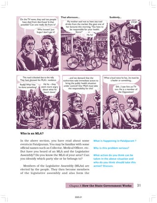 Who is an MLA?
In the above section, you have read about some
events in Patalpuram. You may be familiar with some
official names such as Collector, Medical Officer, etc.
But have you heard of an MLA and the Legislative
Assembly? Do you know the MLA of your area? Can
you identify which party she or he belongs to?
Members of the Legislative Assembly (MLAs) are
elected by the people. They then become members
of the legislative assembly and also form the
On the TV news, they said ten people
have died from diarrhoea! Is that
possible? Can one really die from it?
Who knows? Just
hope I don’t get it!
Ha ha!
My mother said not to have any iced
drinks from the market. She gave one of
her lectures this morning,“You have to
be responsible for your health,
Shirin!”
Suddenly...
STOP!
Really!Why? Has
he done something? Shh...I saw him onTV
too. He is a member of
the Opposition!
What a loud voice he has...he must be
a leader or something...
...and we demand that the
authorities take immediate action to
bring the public health situation
under control! Our MLA must take
the responsibility for this!
This road is blocked due to the rally.
They have gheraoed the MLA’s residence.
Ha ha – they
seem more angry
about what he
hasn’t done!
What is happening in Patalpuram ?
Why is this problem serious?
What action do you think can be
taken in the above situation and
who do you think should take this
action? Discuss.
That afternoon...
31
Chapter 3: How the State Government Works
2020-21
 