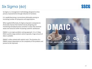 Six Sigma (6σ)
Six Sigma is a management methodology designed to drive
process improvements through reduction of variation.
It is rapidly becoming a cornerstone philosophy among an
increasing number of companies and organisations.
When applied effectively, Six Sigma empowers companies to
drastically improve their bottom line by designing and
monitoring everyday business activities in ways that minimize
waste and resources while increasing customer satisfaction.
DMAIC is a six sigma problem-solving approach. It is a 5-Step
PDCA used for large problems where typically a huge amount of
data is available.
DMAIC is often related with statistic tools. The duration of a
DMAIC project dependent on the complexity of the problem and
process to be improved.
24
 