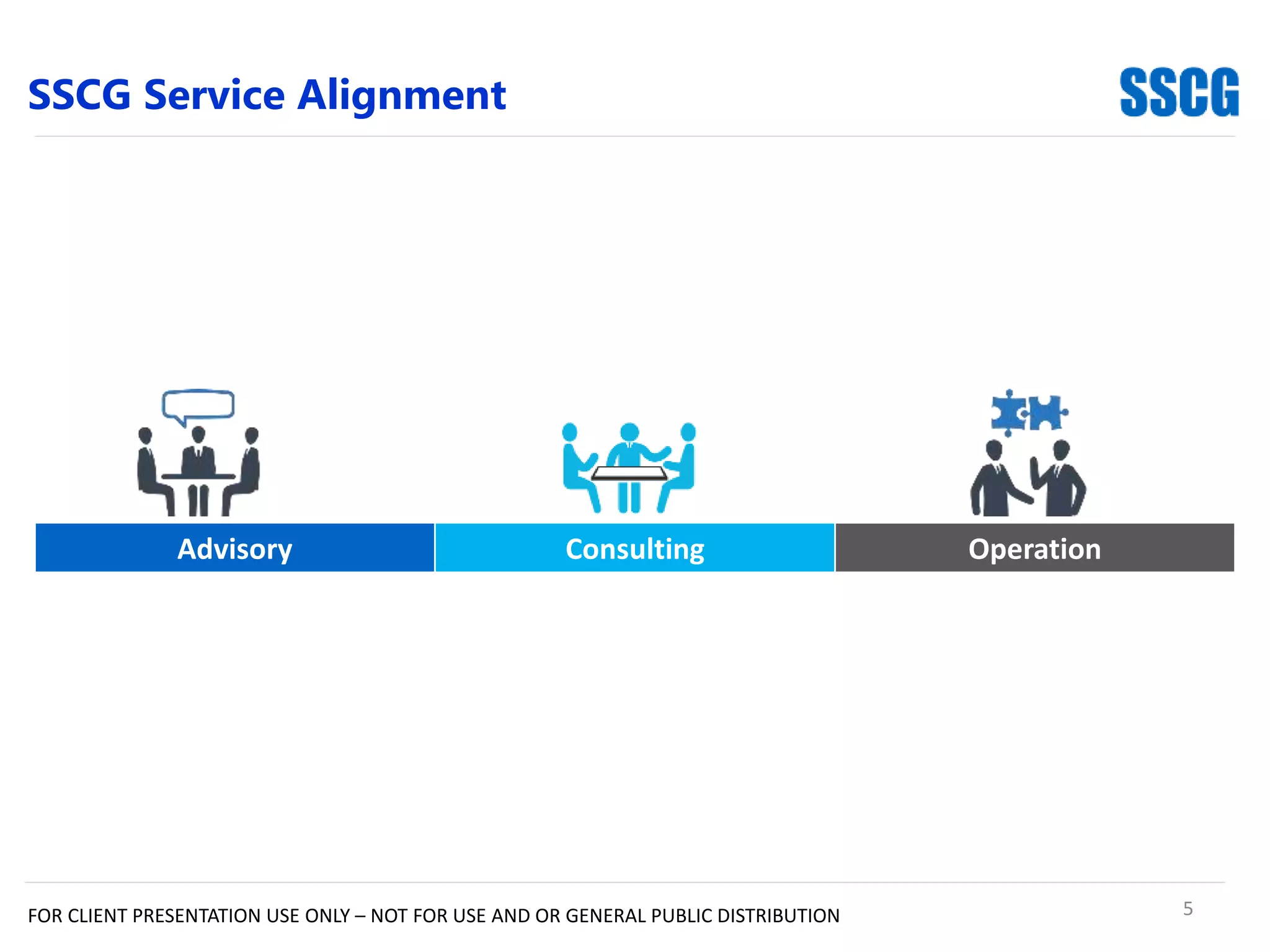 5
SSCG Service Alignment
FOR CLIENT PRESENTATION USE ONLY – NOT FOR USE AND OR GENERAL PUBLIC DISTRIBUTION
Advisory Consulting Operation
 