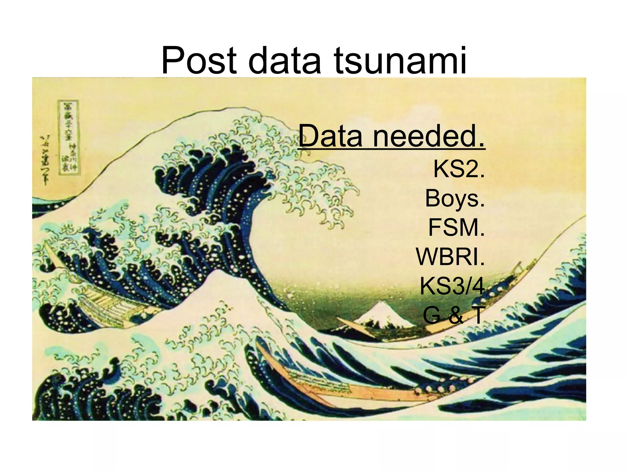 Post data tsunami Data needed. KS2. Boys. FSM. WBRI. KS3/4 G & T 