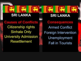 SRI LANKA             SRI LANKA
Causes of Conflicts      Consequences
 Citizenship rights      Armed Conflict
    Sinhala Only       Foreign Intervention
University Admission     Unemployment
   Resettlement          Fall in Tourists
 
