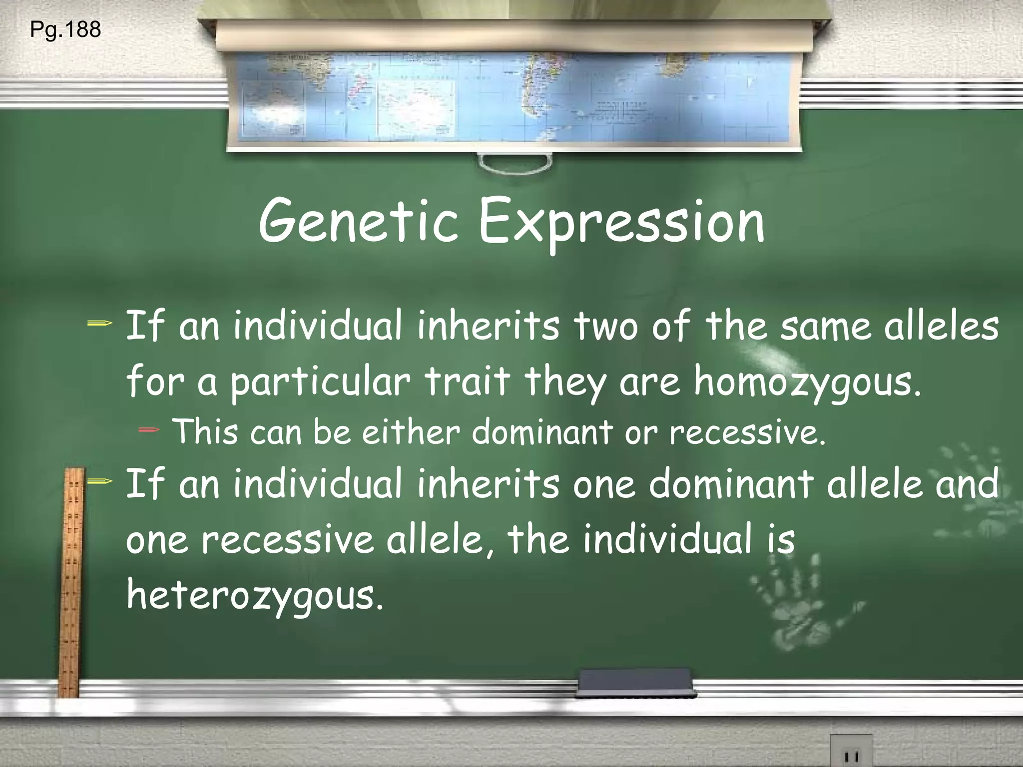 Genetic Expression If an individual inherits two of the same alleles for a particular trait they are homozygous. This can be either dominant or recessive. If an individual inherits one dominant allele and one recessive allele, the individual is heterozygous. Pg.188  