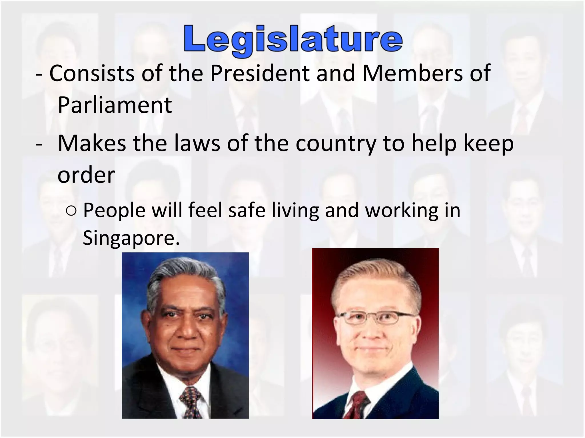 - Consists of the President and Members of Parliament Makes the laws of the country to help keep order People will feel safe living and working in Singapore.  