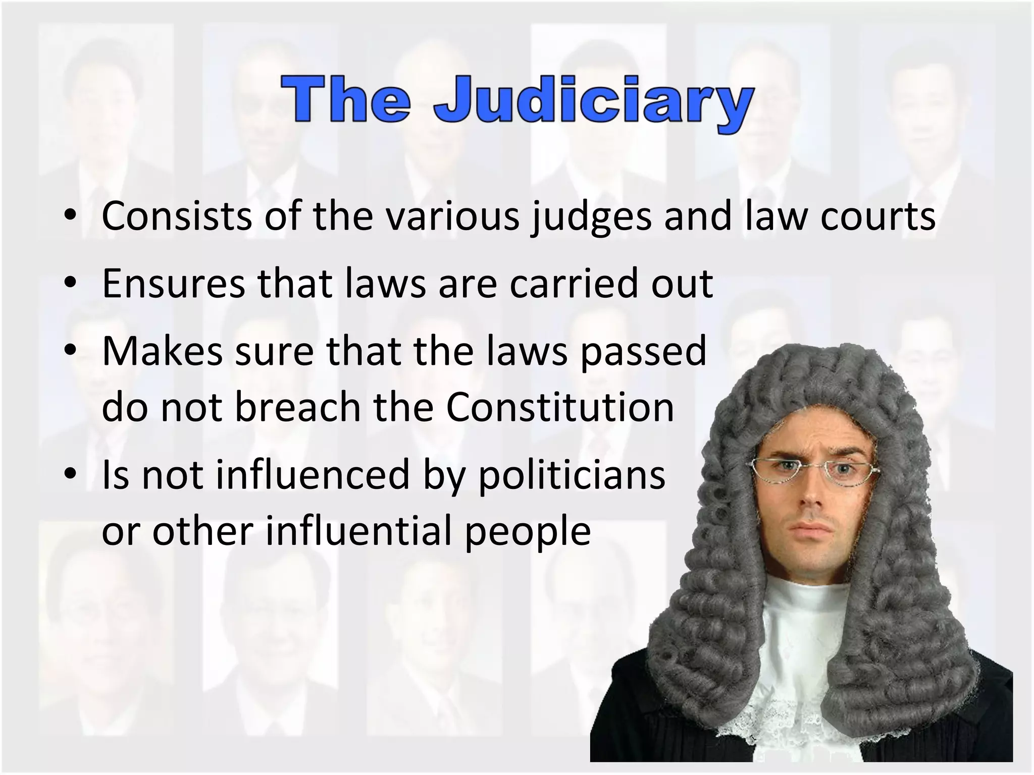 Consists of the various judges and law courts Ensures that laws are carried out Makes sure that the laws passed  do not breach the Constitution  Is not influenced by politicians  or other influential people  