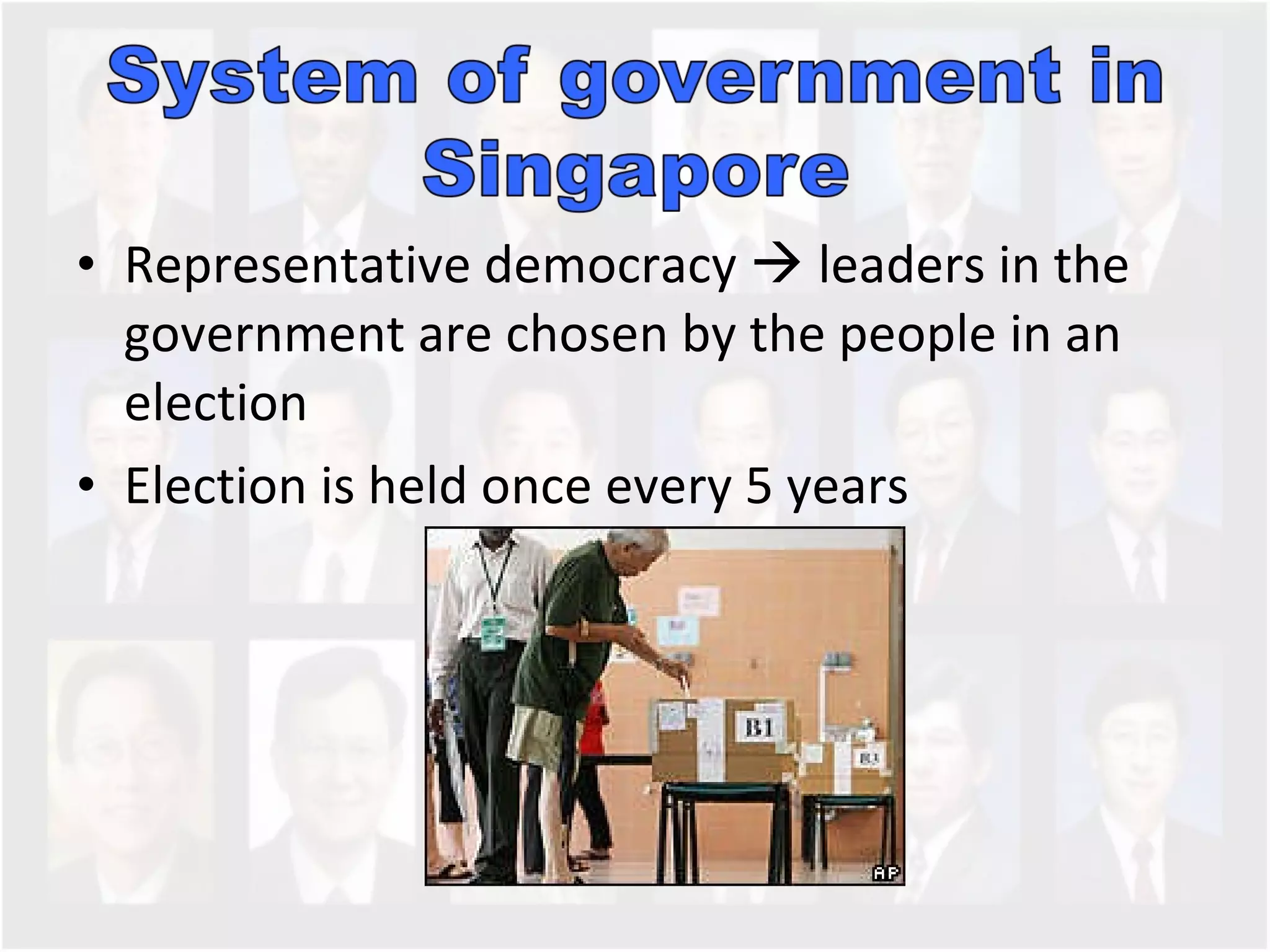 Representative democracy    leaders in the government are chosen by the people in an election  Election is held once every 5 years 