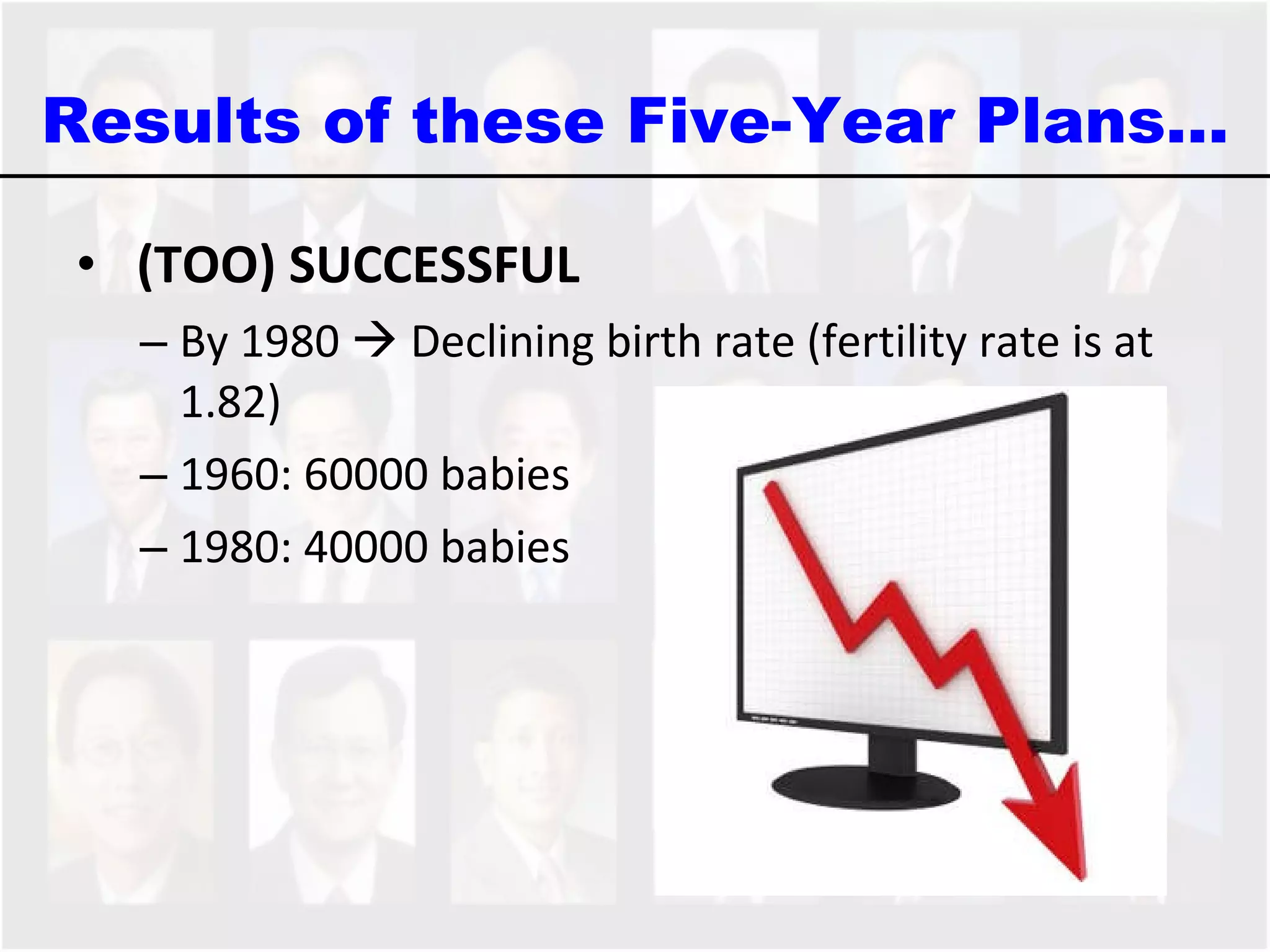 Results of these Five-Year Plans… (TOO) SUCCESSFUL By 1980    Declining birth rate (fertility rate is at 1.82) 1960: 60000 babies 1980: 40000 babies  