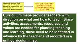 Curriculum maps provide teachers with
direction on what and how to teach. Since
activities, assessments, resources and
values are needed for planning teaching
and learning, these need to be identified in
advance by the teacher and recorded in a
unit curriculum map.
The MATATAG Curriculum Guide
provides only the unit topic, learning
standards and competencies to teach
but not the activities, assessments,
resources and values for integration.
What is a Curriculum Map
and what needs to be
identified first before filling
out the CM?
 
