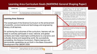 RAPATAN2024
Learning Area Curriculum Goals (MATATAG General Shaping Paper)
Learning Area: Science
The overall goal of the Science Curriculum is the achievement
of scientiﬁc, environmental and technology and engineering
literacy of all learners.
On achieving the outcomes of the curriculum, learners will. be
ready to actively participate in local, national, and global
contexts and make meaningful contributions to a dynamic and
culturally diverse and expanding world. By successfully
completing, the Science Curriculum, Filipino learners will
demonstrate capabilities as put forth in the Basic Education
Development Plan (BEDP) 2030
 
