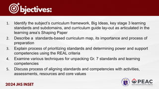 1. Identify the subject’s curriculum framework, Big Ideas, key stage 3 learning
standards and subdomains, and curriculum guide lay-out as articulated in the
learning area’s Shaping Paper
2. Describe a standards-based curriculum map, its importance and process of
preparation
3. Explain process of prioritizing standards and determining power and support
competencies using the REAL criteria
4. Examine various techniques for unpacking Gr. 7 standards and learning
competencies
5. Discuss process of aligning standards and competencies with activities,
assessments, resources and core values
 