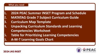 What you need
1. 2024 PEAC Summer INSET Program and Schedule
2. MATATAG Grade 7 Subject Curriculum Guide
3. Curriculum Map Template
4. Unpacking Curriculum Standards and Learning
Competencies Worksheet
5. Table for Prioritizing Learning Competencies
6. A-M-T Learning Goals Chart
 