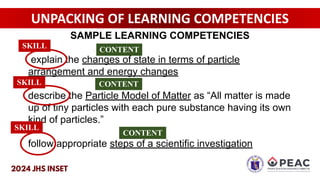 UNPACKING OF LEARNING COMPETENCIES
SAMPLE LEARNING COMPETENCIES
explain the changes of state in terms of particle
arrangement and energy changes
describe the Particle Model of Matter as “All matter is made
up of tiny particles with each pure substance having its own
kind of particles.”
follow appropriate steps of a scientific investigation
SKILL
SKILL
SKILL
CONTENT
CONTENT
CONTENT
 