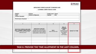 TASK 6: PROVIDE THE TIME ALLOTMENT IN THE LAST COLUMN.
 