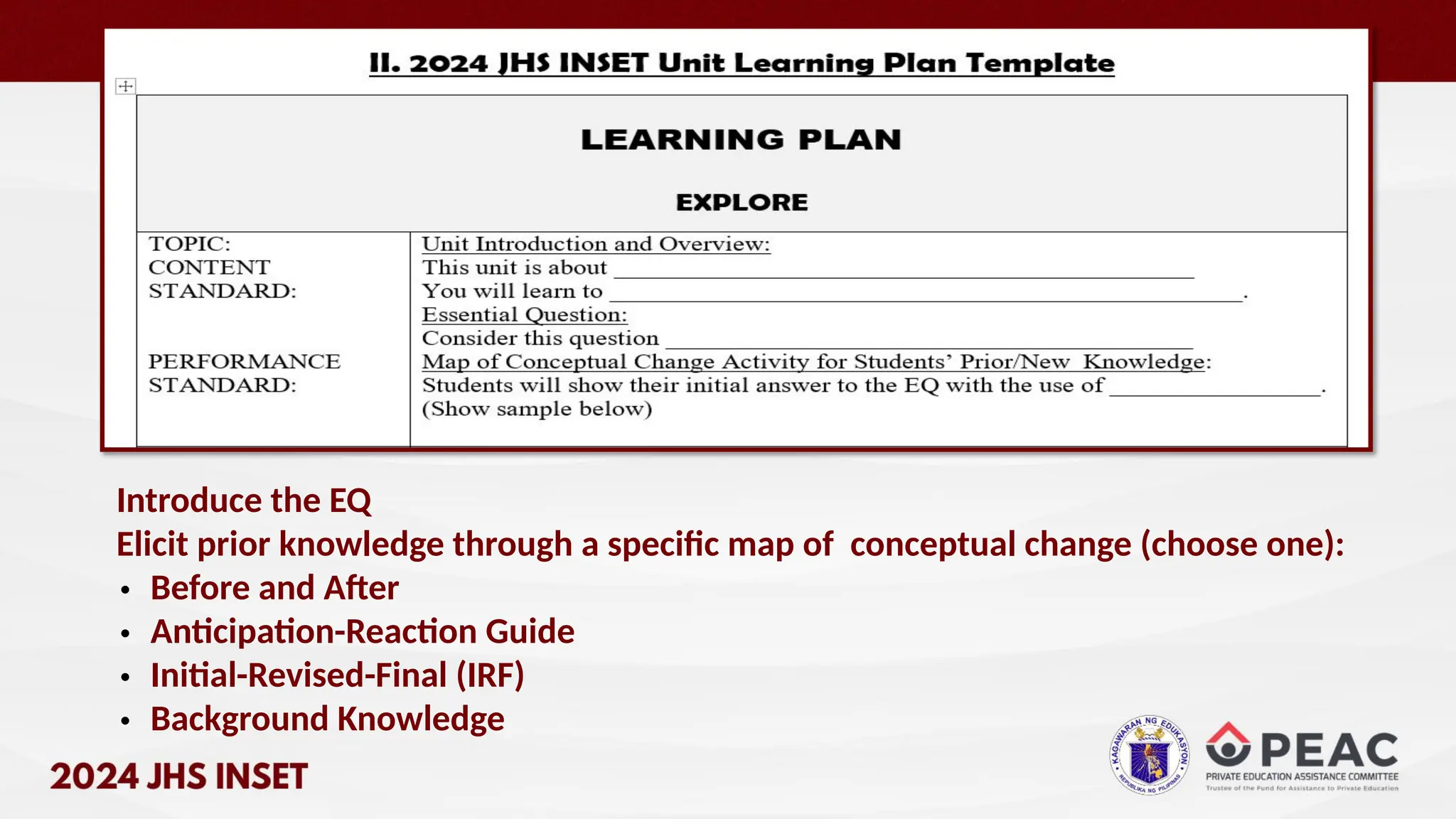 Introduce the EQ
Elicit prior knowledge through a speciﬁc map of conceptual change (choose one):
• Before and After
• Anticipation-Reaction Guide
• Initial-Revised-Final (IRF)
• Background Knowledge
 