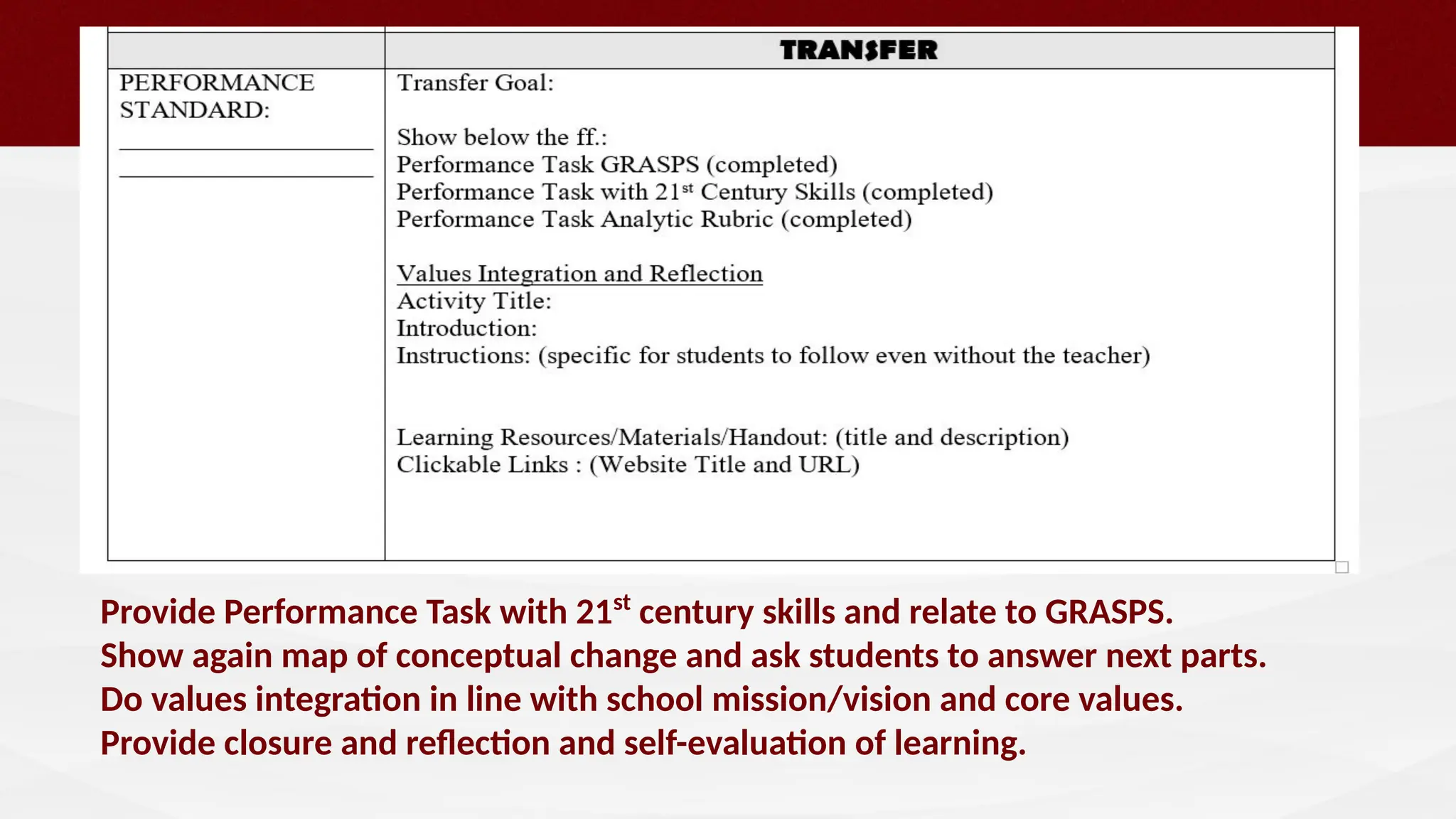 Provide Performance Task with 21st
century skills and relate to GRASPS.
Show again map of conceptual change and ask students to answer next parts.
Do values integration in line with school mission/vision and core values.
Provide closure and reﬂection and self-evaluation of learning.
 
