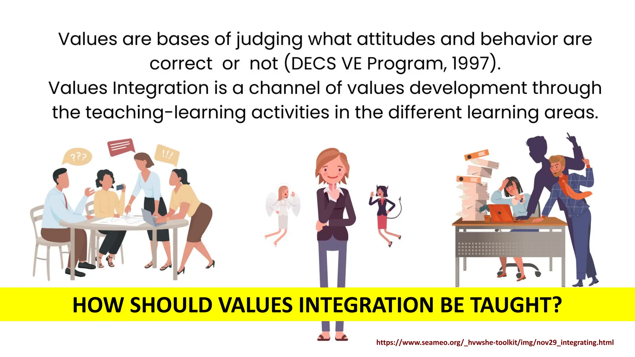 https://www.seameo.org/_hvwshe-toolkit/img/nov29_integrating.html
HOW SHOULD VALUES INTEGRATION BE TAUGHT?
 