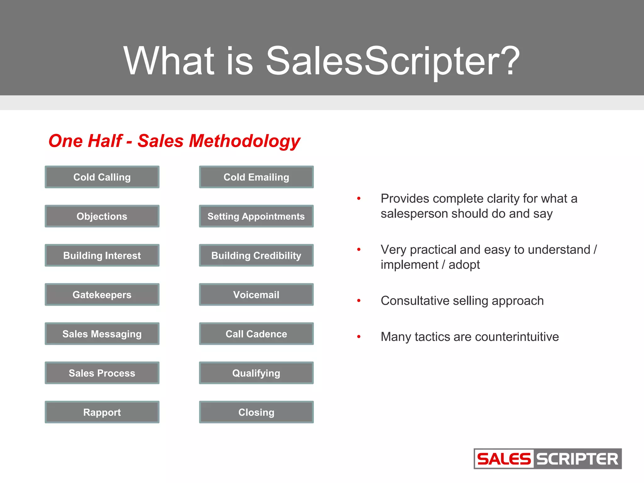 What is SalesScripter?
Cold Calling
Objections
Gatekeepers
Sales Messaging
Voicemail
Qualifying
Closing
Sales Process
Rapport
Building Interest
Cold Emailing
Setting Appointments
Building Credibility
Call Cadence
• Provides complete clarity for what a
salesperson should do and say
• Very practical and easy to understand /
implement / adopt
• Consultative selling approach
• Many tactics are counterintuitive
One Half - Sales Methodology
 
