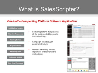 What is SalesScripter?
Cold Calling Scripts
Objection Responses
Key Questions
Marketing Tools
Voicemail Scripts
Meeting Scripts
Cold Email Templates
• Software platform that provides
all the tools needed to execute
the methodology
• Campaign-based (buyer
persona) structure
• Makes it extremely easy to
implement and reinforce the
methodology
One Half – Prospecting Platform Software Application
 