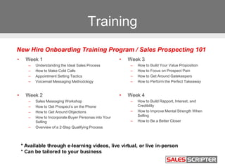 Training
• Week 1
– Understanding the Ideal Sales Process
– How to Make Cold Calls
– Appointment Setting Tactics
– Voicema...