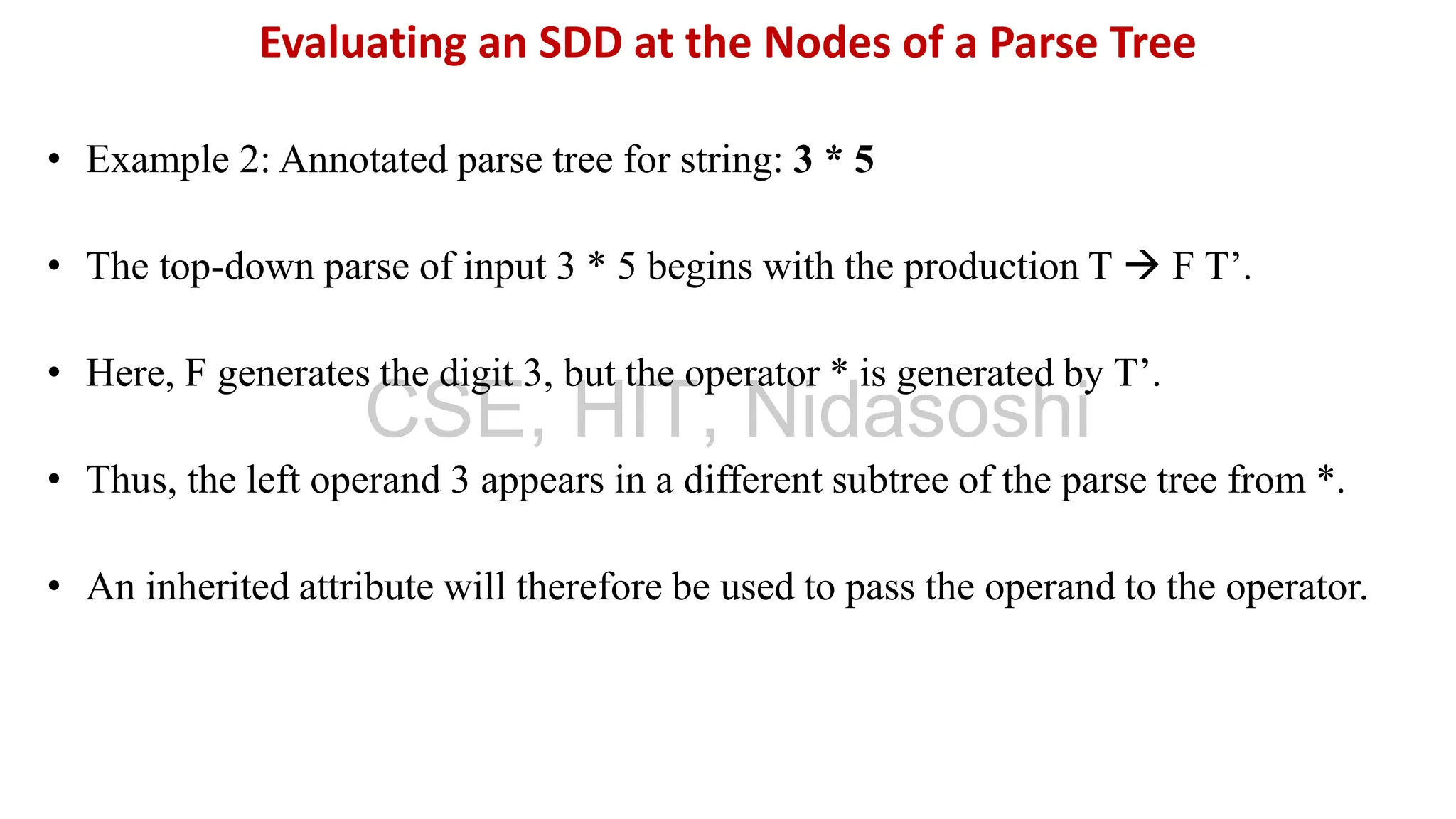 • Example 2: Annotated parse tree for string: 3 * 5
• The top-down parse of input 3 * 5 begins with the production T → F T’.
• Here, F generates the digit 3, but the operator * is generated by T’.
• Thus, the left operand 3 appears in a different subtree of the parse tree from *.
• An inherited attribute will therefore be used to pass the operand to the operator.
Evaluating an SDD at the Nodes of a Parse Tree
CSE, HIT, Nidasoshi
 