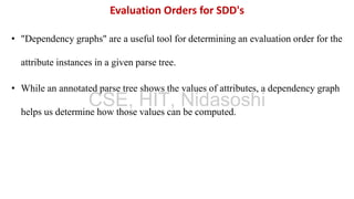 • "Dependency graphs" are a useful tool for determining an evaluation order for the
attribute instances in a given parse tree.
• While an annotated parse tree shows the values of attributes, a dependency graph
helps us determine how those values can be computed.
Evaluation Orders for SDD's
CSE, HIT, Nidasoshi
 