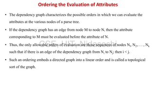 • The dependency graph characterizes the possible orders in which we can evaluate the
attributes at the various nodes of a parse tree.
• If the dependency graph has an edge from node M to node N, then the attribute
corresponding to M must be evaluated before the attribute of N.
• Thus, the only allowable orders of evaluation are those sequences of nodes Nl, N2,. . . , Nk
such that if there is an edge of the dependency graph from Ni to Nj; then i < j.
• Such an ordering embeds a directed graph into a linear order and is called a topological
sort of the graph.
Ordering the Evaluation of Attributes
CSE, HIT, Nidasoshi
 
