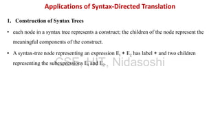 1. Construction of Syntax Trees
• each node in a syntax tree represents a construct; the children of the node represent the
meaningful components of the construct.
• A syntax-tree node representing an expression El + E2 has label + and two children
representing the subexpressions El and E2.
Applications of Syntax-Directed Translation
CSE, HIT, Nidasoshi
 
