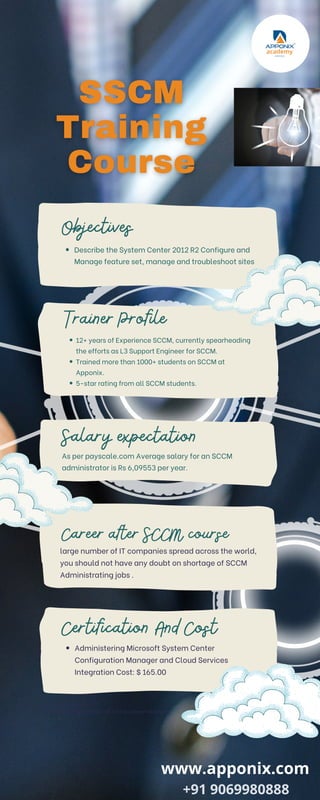 Describe the System Center 2012 R2 Configure and
Manage feature set, manage and troubleshoot sites
Objectives
Administering Microsoft System Center
Configuration Manager and Cloud Services
Integration Cost: $ 165.00
Certification And Cost
large number of IT companies spread across the world,
you should not have any doubt on shortage of SCCM
Administrating jobs .
Career after SCCM course
As per payscale.com Average salary for an SCCM
administrator is Rs 6,09553 per year.
Salary expectation
12+ years of Experience SCCM, currently spearheading
the efforts as L3 Support Engineer for SCCM.
Trained more than 1000+ students on SCCM at
Apponix.
5-star rating from all SCCM students.
Trainer Profile
Information Source
Conservation International | www.conservation.org
www.apponix.com
+91 9069980888
 