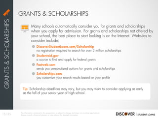 GRANTS & SCHOLARSHIPS
GRANTS&SCHOLARSHIPS
DiscoverStudentLoans.com/Scholarship
no registration required to search for over 3 million scholarships
Studentaid.gov
a source to find and apply for federal grants
Fastweb.com
sends you personalized options for grants and scholarships
Scholarships.com
you customize your search results based on your profile
Many schools automatically consider you for grants and scholarships
when you apply for admission. For grants and scholarships not offered by
your school, the best place to start looking is on the Internet. Websites to
consider include:
Tip: Scholarship deadlines may vary, but you may want to consider applying as early
as the fall of your senior year of high school.
15/35
The information contained in this presentation is subject to change and does not constitute legal advice.
Always consult a financial planner or a tax advisor for detailed information.
 