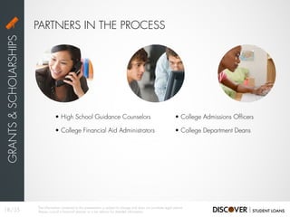 PARTNERS IN THE PROCESS
GRANTS&SCHOLARSHIPS
• High School Guidance Counselors
• College Financial Aid Administrators
• College Admissions Officers
• College Department Deans
18/35
The information contained in this presentation is subject to change and does not constitute legal advice.
Always consult a financial planner or a tax advisor for detailed information.
 