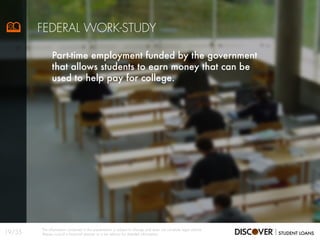 Part-time employment funded by the government
that allows students to earn money that can be
used to help pay for college.
FEDERAL WORK-STUDY
19/35
The information contained in this presentation is subject to change and does not constitute legal advice.
Always consult a financial planner or a tax advisor for detailed information.
 