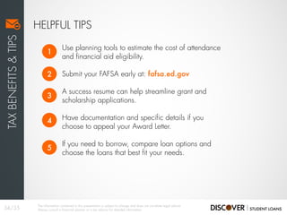 Use planning tools to estimate the cost of attendance
and financial aid eligibility.
Submit your FAFSA early at: fafsa.ed.gov
A success resume can help streamline grant and
scholarship applications.
Have documentation and specific details if you
choose to appeal your Award Letter.
If you need to borrow, compare loan options and
choose the loans that best fit your needs.
HELPFUL TIPS
TAXBENEFITS&TIPS
1
2
3
4
5
34/35
The information contained in this presentation is subject to change and does not constitute legal advice.
Always consult a financial planner or a tax advisor for detailed information.
 