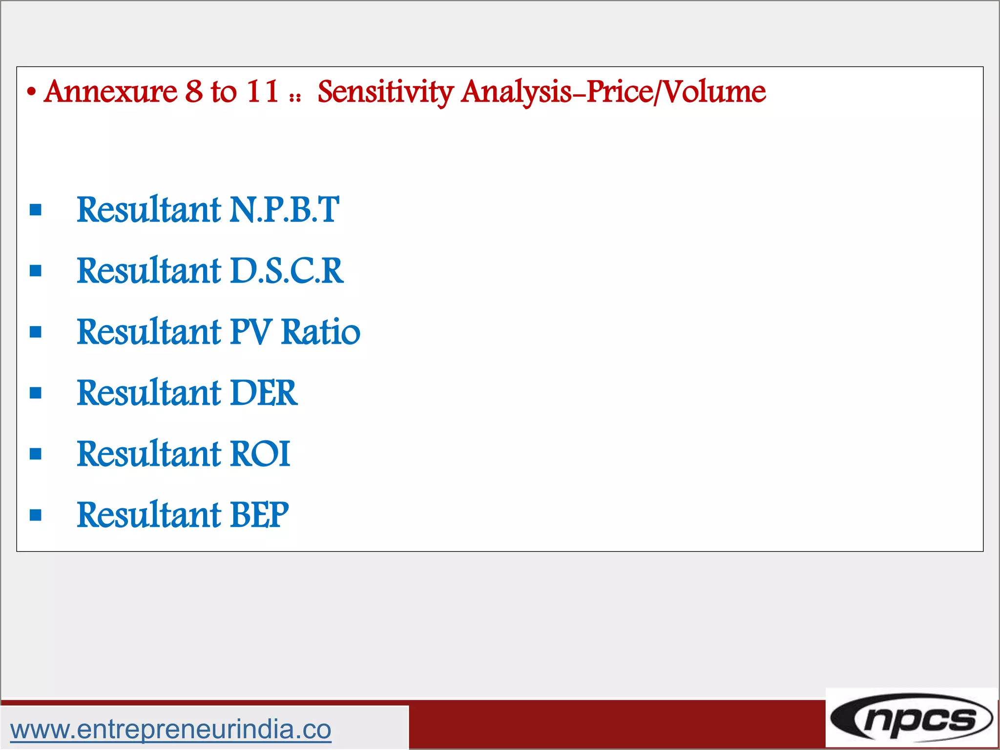 • Annexure 8 to 11 :: Sensitivity Analysis-Price/Volume
 Resultant N.P.B.T
 Resultant D.S.C.R
 Resultant PV Ratio
 Resultant DER
 Resultant ROI
 Resultant BEP
www.entrepreneurindia.co
 