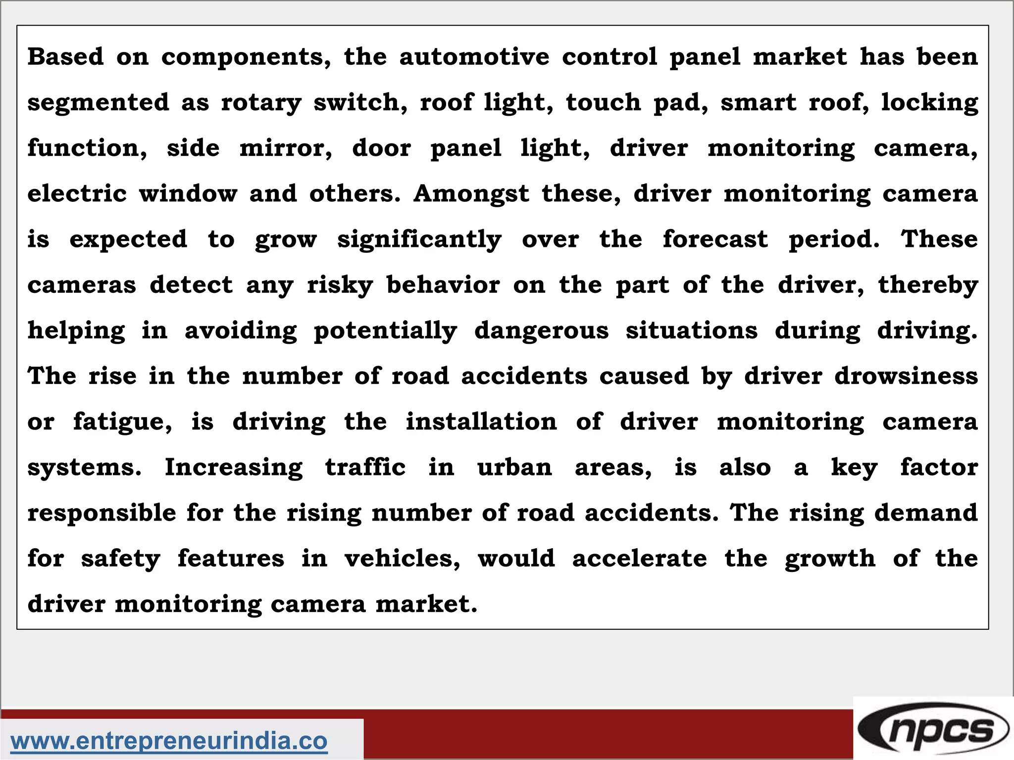 www.entrepreneurindia.co
Based on components, the automotive control panel market has been
segmented as rotary switch, roof light, touch pad, smart roof, locking
function, side mirror, door panel light, driver monitoring camera,
electric window and others. Amongst these, driver monitoring camera
is expected to grow significantly over the forecast period. These
cameras detect any risky behavior on the part of the driver, thereby
helping in avoiding potentially dangerous situations during driving.
The rise in the number of road accidents caused by driver drowsiness
or fatigue, is driving the installation of driver monitoring camera
systems. Increasing traffic in urban areas, is also a key factor
responsible for the rising number of road accidents. The rising demand
for safety features in vehicles, would accelerate the growth of the
driver monitoring camera market.
 