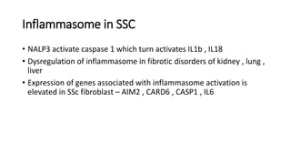 Inflammasome in SSC
• NALP3 activate caspase 1 which turn activates IL1b , IL18
• Dysregulation of inflammasome in fibrotic disorders of kidney , lung ,
liver
• Expression of genes associated with inflammasome activation is
elevated in SSc fibroblast – AIM2 , CARD6 , CASP1 , IL6
 