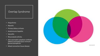 Overlap Syndrome
• Polyarthritis
• Myositis
• Primary biliary cirrhosis
• Autoimmune hepatitis
• Vasculitis
• Rheumatoid arthritis
• Anti-neutrophil cytoplasm antibody
(ANCA)-associated pauci-immune
glomerulonephritis
• Mixed connective tissue disease
 