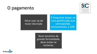 O pagamento
Deve usar-se da
maior discrição.
É frequente deixar-se
uma gratificação que
corresponde,
normalmente, a 10%.
Num encontro de
grande formalidade,
deve evitar-se
reclamar.
 