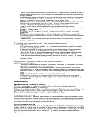 CR1.1 El usuario recibe la información y la ayuda respecto de los hábitos higiénicos saludables, así como a
los productos y materiales para su utilización, siendo suplido en aquellas maniobras que no pueda ejecutar
de forma autónoma.
CR1.2 Se ayuda al usuario con dependencia funcional relativa en la ejecución de cuidados higiénicos para
los que presenta dificultades específicas, comprobando que se encuentra limpio y seco, con especial
atención a los pliegues corporales, cavidad bucal y otras zonas de especial riesgo.
CR1.3 Se efectúa el aseo completo de los usuarios con dependencia funcional total, en la cama o la ducha,
según proceda, comprobando que se encuentra limpio y seco, con especial atención a los pliegues
corporales y otras zonas de especial riesgo, respetando la intimidad del usuario.
CR1.4 Las duchas y baños se realizan siguiendo la planificación establecida para la unidad.
CR1.5 Se viste al usuario con la ayuda necesaria en cada caso, con ropa y calzado cómodo, adecuado a la
temperatura y la época del año.
CR1.6 Se promueve la participación del usuario en su aseo de acuerdo a las pautas de autocuidado
establecidas.
CR1.7 La información sobre las actividades relativas a la higiene personal del usuario y a las posibles
incidencias acaecidas durante su desarrollo, se recoge y transmite por los procedimientos establecidos en el
momento propicio.
CR1.8 Se colabora con el personal sanitario en la realización de los cuidados postmortem, siguiendo los
protocolos establecidos.
RP2: Colaborar con el mantenimiento del orden y de las condiciones higiénico-sanitarias
de la habitación del usuario.
CR2.1 La limpieza y el orden del mobiliario y de los efectos personales del usuario, se verifican según los
protocolos previamente establecidos.
CR2.2 Se comprueba que las condiciones ambientales son adecuadas para atender a las necesidades
específicas de la persona: intensidad de luz, temperatura, nivel de ruido tolerable, ventilación.
CR2.3 La cama se hace en función de las necesidades del usuario, de acuerdo a los criterios de calidad
establecidos, con la lencería limpia, ausencia de arrugas y humedad, y en la posición adecuada.
CR2.4 La información sobre las actividades relativas a la higiene del entorno del usuario y a las posibles
incidencias observadas durante su desarrollo, se recoge y transmite por los procedimientos establecidos en
el momento propicio.
RP3: Proporcionar y administrar los alimentos al usuario facilitando la ingesta en
aquellos casos que así lo requieran.
CR3.1 Se prepara e informa al usuario para la administración de alimentos, en función de sus necesidades,
siguiendo el plan de cuidados previamente establecidos.
CR3.2 Previa comprobación en la hoja de dietas, se efectúa la distribución y el servicio de las comidas.
CR3.3 Se administra los alimentos sólidos y/o líquidos en aquellos casos en que los usuarios precisen apoyo
o asistencia específica en la ingesta, en función de las necesidades y verificando que la postura corporal sea
idónea.
CR3.4 La ingesta de alimentos se facilita a los usuarios que así lo requieran.
CR3.5 La ingesta de alimentos por parte de los usuarios, dependientes o autónomos, se comprueba y
comunica al responsable del plan de cuidados, registrándose de acuerdo al protocolo establecido por el
equipo asistencial.
Contexto profesional
Medios de producción y/o creación de servicios
Información individualizada del usuario y su entorno. Procedimientos de atención y cuidados a personas.
Programaciones de las actividades que se van a realizar.
Protocolos de las técnicas empleadas. Ajuar personal del usuario. Lencería. Materiales e instrumentos utilizados en la
atención física a personas en: aseo y limpieza, administración de alimentos, camas articuladas y sillas de baño.
Documentación de registro como hojas de incidencia y seguimiento y hojas de dietas.
Productos o resultado del trabajo
Usuario satisfecho en cuanto a la atención, trato y cobertura de sus necesidades físicas básicas: informado, aseado,
alimentado, tratado en caso de urgencia. Usuario con mantenimiento y mejora de sus habilidades y destrezas para la
realización de las actividades básicas de la vida diaria. Registros realizados. Informes de la evolución de los usuarios
completados. Materiales e instrumentales en condiciones higiénicas.
Información utilizada o generada
Informaciones escritas de la situación de los usuarios. Información derivada de la observación directa del usuario y de
la familia. Pautas de actuación. Hojas de tratamiento, de dietas, manual de procedimientos, protocolos de las técnicas
empleadas, manuales de instrucciones de los equipos empleados, hojas de comentarios y evolución, hojas de registro,
entre otros. Manuales de información sanitaria, de cuidados y de planes de seguridad. Bibliografía relacionada,
legislación y normativa.
 
