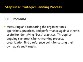 BENCHMARKING
 Measuring and comparing the organization’s
operations, practices, and performance against other is
useful for identifying “best” practices. Through an
ongoing systematic benchmarking process,
organization find a reference point for setting their
own goals and targets.
 