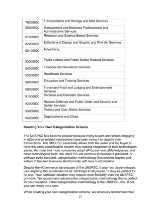 78000000

Transportation and Storage and Mail Services

80000000
81000000

Management and Business Professionals and
Administrative Services
Research and Science Based Services

82000000

Editorial and Design and Graphic and Fine Art Services

82100000

Advertising

83000000

Public Utilities and Public Sector Related Services

84000000

Financial and Insurance Services

85000000

Healthcare Services

86000000

Education and Training Services

90000000
91000000

Travel and Food and Lodging and Entertainment
Services
Personal and Domestic Services

93000000

National Defense and Public Order and Security and
Safety Services
Politics and Civic Affairs Services

94000000

Organizations and Clubs

92000000

Creating Your Own Categorization Scheme
The UNSPSC has become popular because many buyers and sellers engaging
in eCommerce related transactions have been using it to classify their
transactions. The UNSPSC essentially allows both the seller and the buyer to
have the same classification system thus making integration of their technologies
easier. As more and more companies adopt eProcurement, eMarketplaces, and
other technological tools, the UNSPSC will continue to become a preferred, or
perhaps even standard, categorization methodology that enables buyers and
sellers to transact business electronically with less customization.
Despite the eCommerce advantages of the UNSPSC, it also has disadvantages.
Like anything that is intended to be "all things to all people," it may be perfect for
no one. Your particular situation may require more flexibility than the UNSPSC
provides. We recommend adopting the categorization methodology that is perfect
for your situation. If that categorization methodology is the UNSPSC, fine. If not,
you can create your own.
When creating your own categorization scheme, we obviously recommend that
27

 