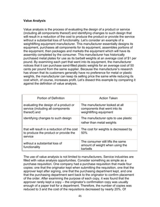 Value Analysis
Value analysis is the process of evaluating the design of a product or service
(including all components thereof) and identifying changes to such design that
will result in a reduction of the cost to produce the product or provide the service
without a substantial loss of functionality. Let’s consider an example of a
weightlifting equipment manufacturer. This manufacturer essentially designs its
equipment, purchases all components for its equipment, assembles portions of
the equipment, then packages and markets the equipment which will have its
assembly completed by the consumer. This manufacturer has historically
purchased metal plates for use as its barbell weights at an average cost of $1 per
pound. By examining each part that went into its equipment, the manufacturer
notices that it can purchase sand-filled plastic weights for an average cost of 50
cents per pound from the same supplier. Because the manufacturer’s research
has shown that its customers generally have no preference for metal or plastic
weights, the manufacturer can keep its selling price the same while reducing its
cost which, of course, increases profit. Let’s dissect this example by comparing it
against the definition of value analysis.

Portion of Definition

Action Taken

evaluating the design of a product or
service (including all components
thereof) and

The manufacturer looked at all
components that went into its
weightlifting equipment

identifying changes to such design

The manufacturer opts to use plastic
rather than metal weights

that will result in a reduction of the cost
to produce the product or provide the
service

The cost for weights is decreased by
50%

without a substantial loss of
functionality

The consumer still lifts the same
amount of weight when using the
barbells

The use of value analysis is not limited to manufacturers. Service industries are
filled with value analysis opportunities. Consider something as simple as a
purchase requisition. One company had a purchase requisition that made four
copies: one that the originator kept when submitting the requisition, one that the
approver kept after signing, one that the purchasing department kept, and one
that the purchasing department sent back to the originator to confirm placement
of the order. After examining the purpose of each copy, it was found that the
approver rarely kept a copy – the originator’s confirmation copy was usually
enough of a paper trail for a department. Therefore, the number of copies was
reduced to 3 and the cost of the requisitions decreased by nearly 20%. Of
46

 