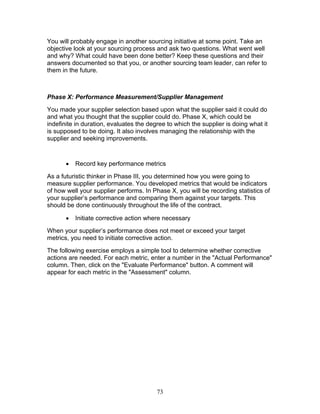 You will probably engage in another sourcing initiative at some point. Take an
objective look at your sourcing process and ask two questions. What went well
and why? What could have been done better? Keep these questions and their
answers documented so that you, or another sourcing team leader, can refer to
them in the future.

Phase X: Performance Measurement/Supplier Management
You made your supplier selection based upon what the supplier said it could do
and what you thought that the supplier could do. Phase X, which could be
indefinite in duration, evaluates the degree to which the supplier is doing what it
is supposed to be doing. It also involves managing the relationship with the
supplier and seeking improvements.

•

Record key performance metrics

As a futuristic thinker in Phase III, you determined how you were going to
measure supplier performance. You developed metrics that would be indicators
of how well your supplier performs. In Phase X, you will be recording statistics of
your supplier’s performance and comparing them against your targets. This
should be done continuously throughout the life of the contract.
•

Initiate corrective action where necessary

When your supplier’s performance does not meet or exceed your target
metrics, you need to initiate corrective action.
The following exercise employs a simple tool to determine whether corrective
actions are needed. For each metric, enter a number in the "Actual Performance"
column. Then, click on the "Evaluate Performance" button. A comment will
appear for each metric in the "Assessment" column.

73

 