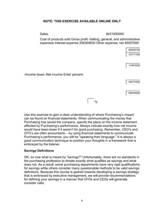 NOTE: THIS EXERCISE AVAILABLE ONLINE ONLY

Sales

9431000000

Cost of products sold Gross profit -Selling, general, and administrative
expenses Interest expense 294269000 Other expense, net 45057000

-Income taxes -Net income Enter percent:

%

Use this exercise to gain a clear understanding of where Purchasing’s impact
can be found on financial statements. When communicating the money that
Purchasing has saved the company, specify the place on the income statement
affected by Purchasing’s performance. Always indicate exactly how net income
would have been lower if it weren’t for good purchasing. Remember, CEO’s and
CFO’s are often accountants – by using financial statements to communicate
Purchasing’s performance, you will be "speaking their language." It is always a
good communication technique to position your thoughts in a framework that is
embraced by the listener.
Savings Definitions
OK, so now what is meant by "savings?" Unfortunately, there are no standards in
the purchasing profession to dictate exactly what qualifies as savings and what
does not. As a result, some purchasing departments have very rigid qualifications
for savings while others consider many questionable methods to be valid savings
definitions. Because this course is geared towards developing a savings strategy
that is embraced by executive management, we will provide recommendations
for defining your savings in a manner that CFOs and CEOs will generally
consider valid.

6

 