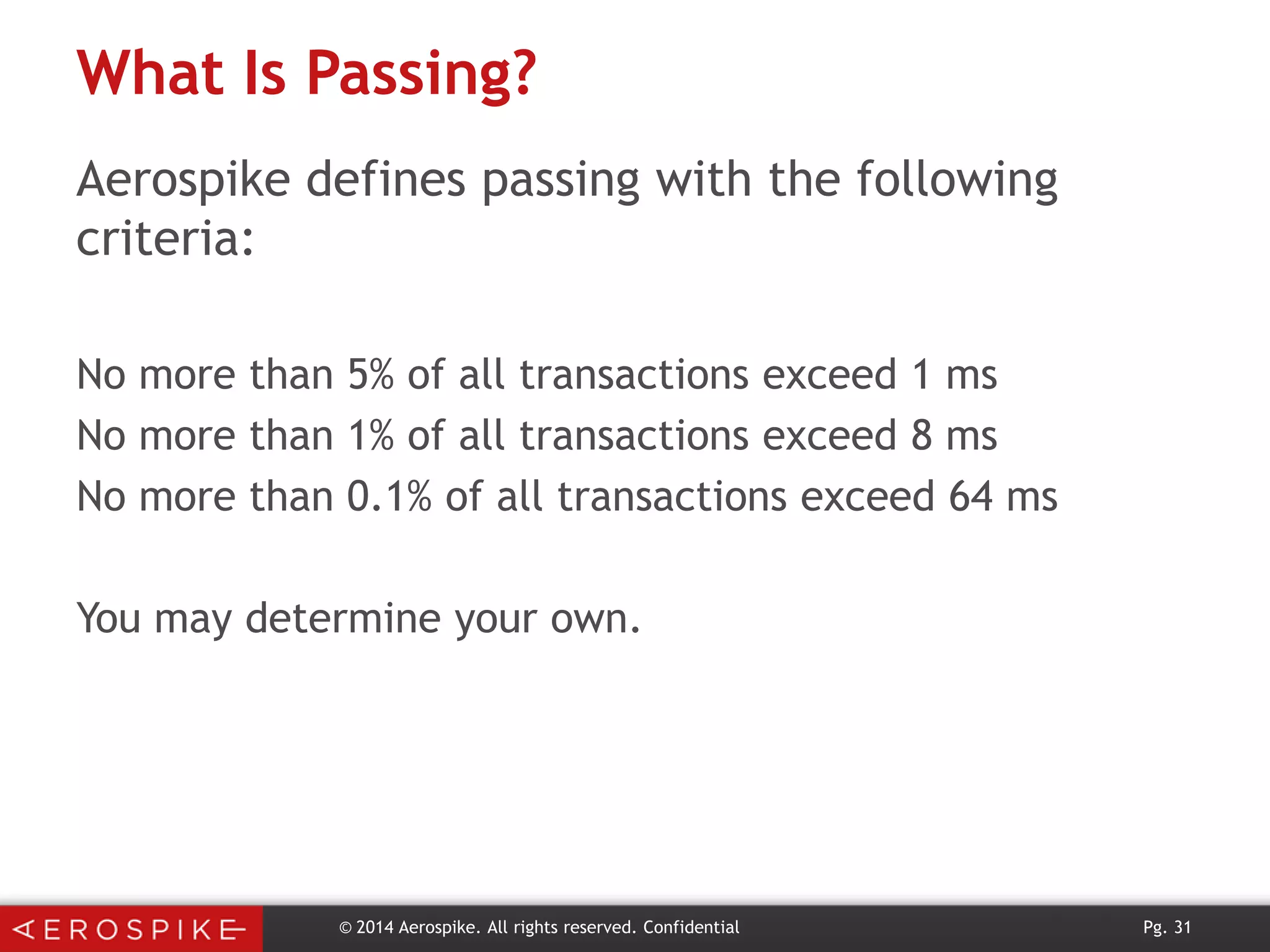 What Is Passing?
Aerospike defines passing with the following
criteria:
No more than 5% of all transactions exceed 1 ms
No more than 1% of all transactions exceed 8 ms
No more than 0.1% of all transactions exceed 64 ms
You may determine your own.

© 2014 Aerospike. All rights reserved. Confidential

Pg. 31

 