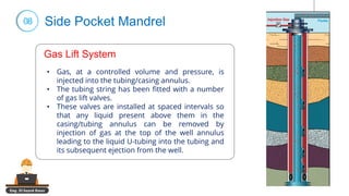 Eng. El Sayed Amer
08 Side Pocket Mandrel
applications
• Gas, at a controlled volume and pressure, is
injected into the tubing/casing annulus.
• The tubing string has been fitted with a number
of gas lift valves.
• These valves are installed at spaced intervals so
that any liquid present above them in the
casing/tubing annulus can be removed by
injection of gas at the top of the well annulus
leading to the liquid U-tubing into the tubing and
its subsequent ejection from the well.
Gas Lift System
 